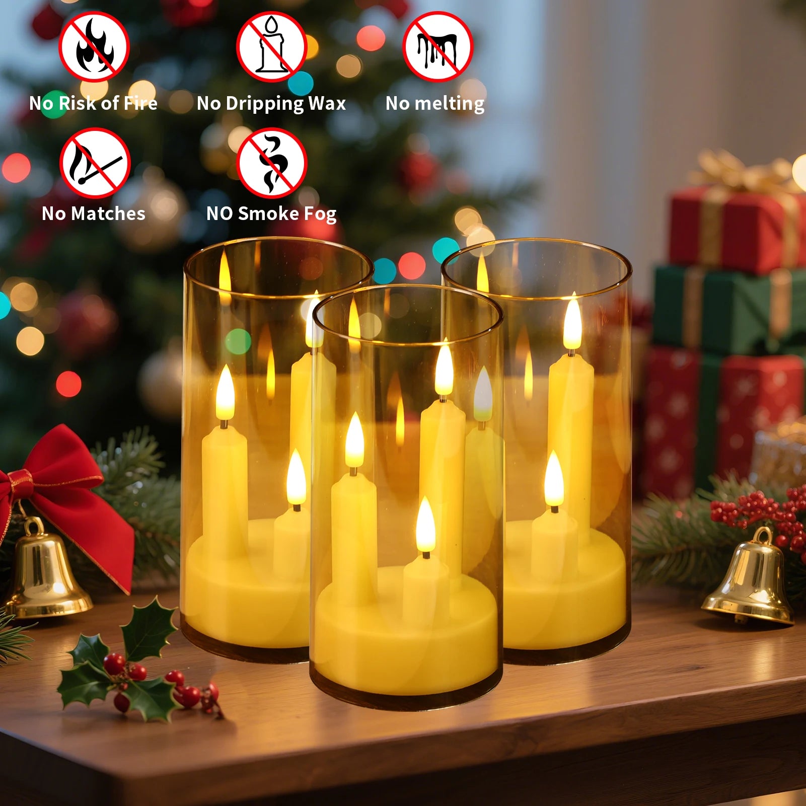 Flameless 3 in 1 LED Taper Candles with 15CM Lampshade Battery Operated Flickering Electric Window Candles for Christmas Wedding
