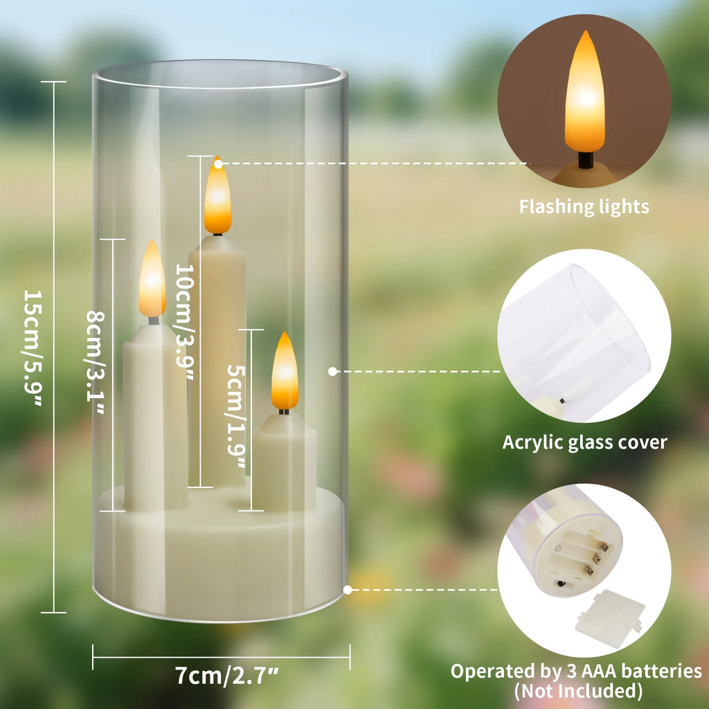 Flameless 3 in 1 LED Taper Candles with 15CM Lampshade Battery Operated Flickering Electric Window Candles for Christmas Wedding